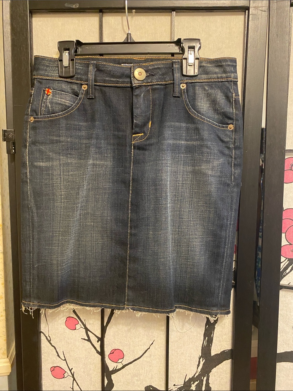Hudson Jeans Dark Blue Denim Midi Skirt with Raw Hem